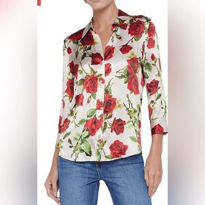 L'Agence Dani Silk Blouse Sz Large Red Sand Romantic Rose 3/4 Sleeve